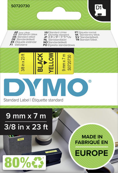 Picture of DYMO D1 LABEL CASSETTE ORIGINAL 40918 9MM BLACK ON YELLOW